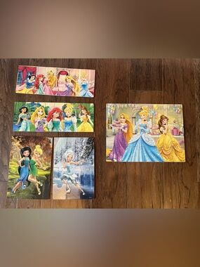 5-Puzzle Disney Princess Wooden Puzzle Collection - Blue, Yellow, Pink, Green